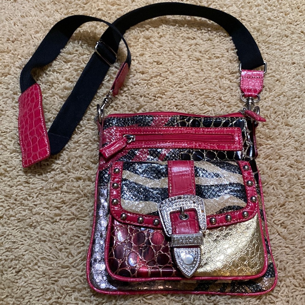 Womens multicolored faux leather cross-body purse with rhinestones